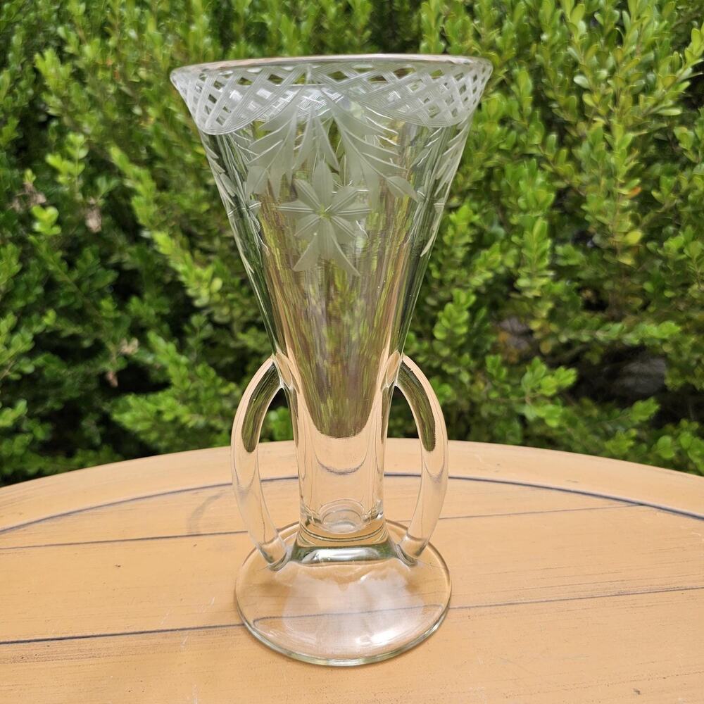 Vintage Etched Floral Clear Glass Double Handle Trophy Vase